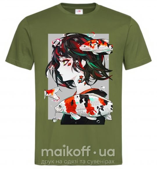 Мужская футболка Anime fish and girl Оливковый фото