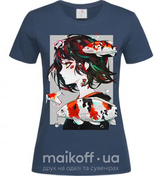 Женская футболка Anime fish and girl Темно-синий фото