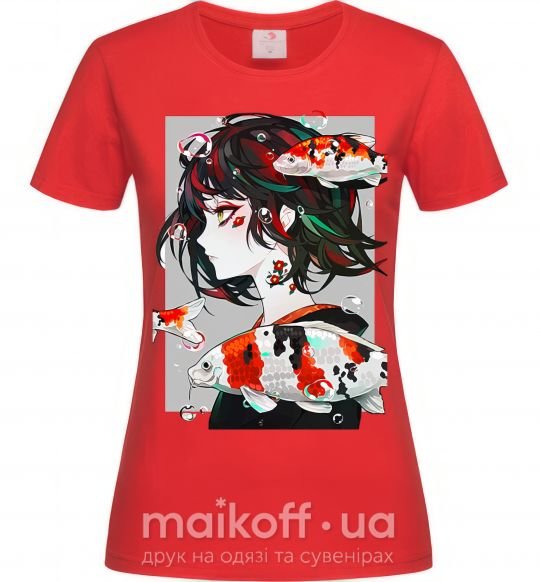 Женская футболка Anime fish and girl Красный фото