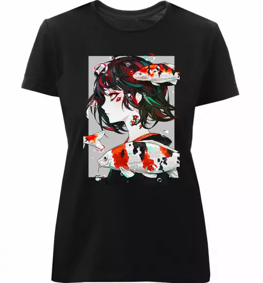 Жіноча преміум футболка Anime fish and girl Чорний фото