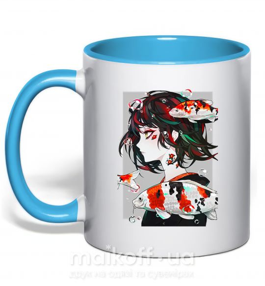 Чашка з кольоровою ручкою Anime fish and girl Блакитний фото