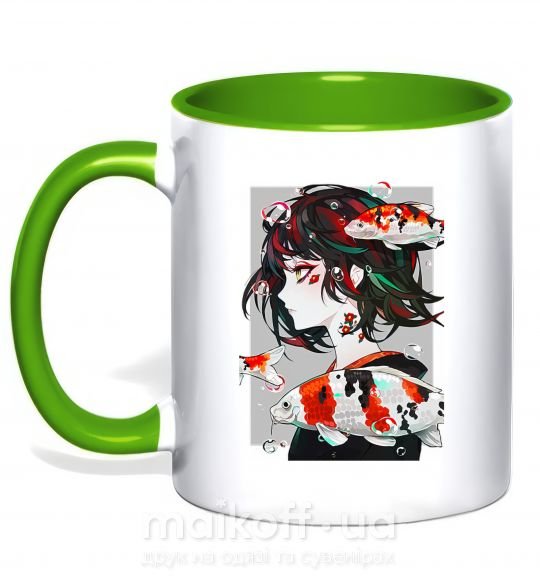 Чашка с цветной ручкой Anime fish and girl Зеленый фото