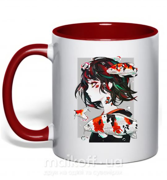 Чашка з кольоровою ручкою Anime fish and girl Червоний фото