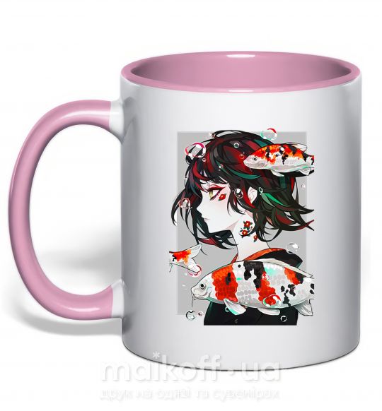 Чашка з кольоровою ручкою Anime fish and girl Ніжно рожевий фото