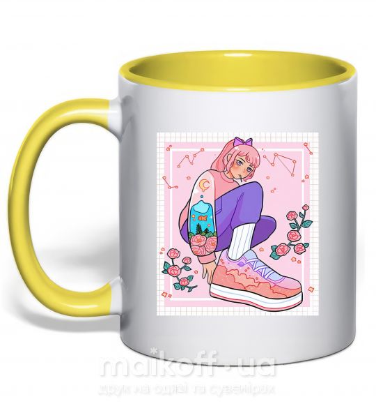 Чашка з кольоровою ручкою Anime girl art Сонячно жовтий фото