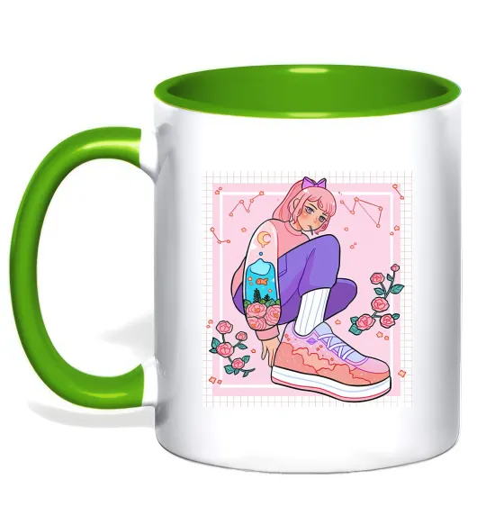 Чашка з кольоровою ручкою Anime girl art Лаймовий фото