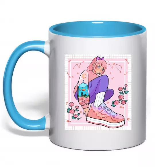 Чашка з кольоровою ручкою Anime girl art Блакитний фото