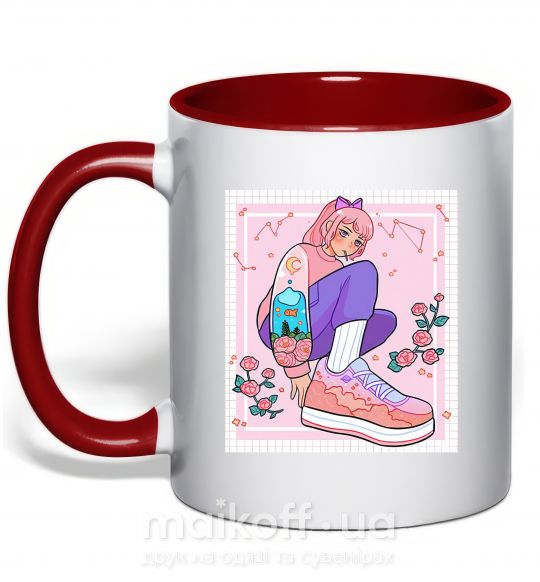 Чашка з кольоровою ручкою Anime girl art Червоний фото