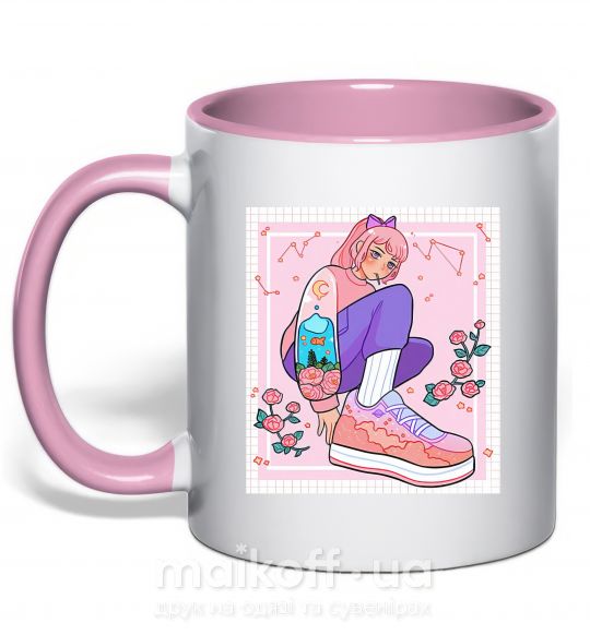 Чашка з кольоровою ручкою Anime girl art Ніжно рожевий фото