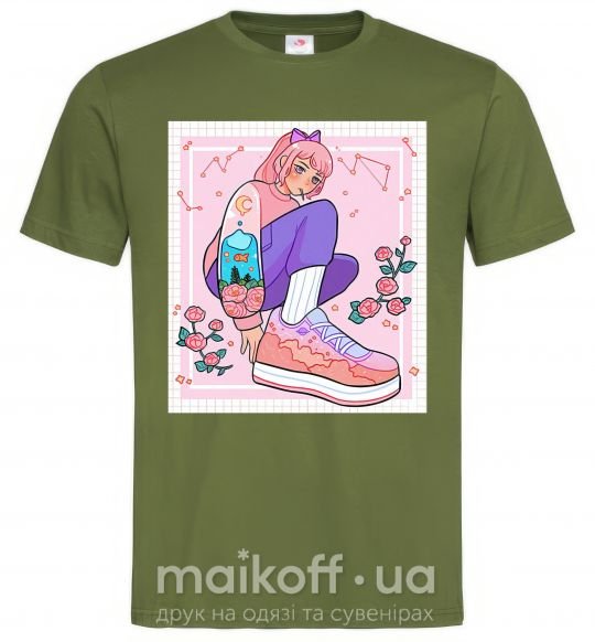 Мужская футболка Anime girl art Оливковый фото