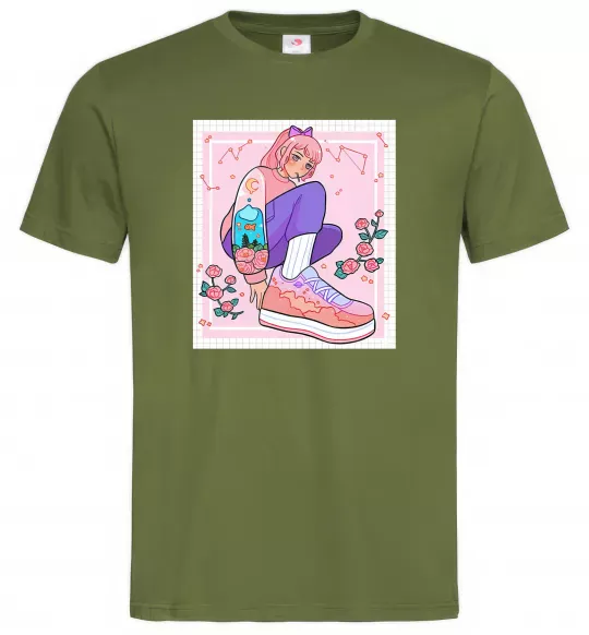 Мужская футболка Anime girl art Оливковый фото