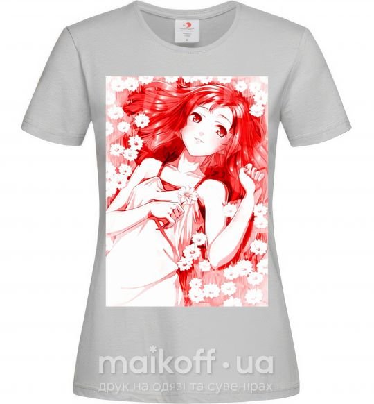 Жіноча футболка Девушка аниме арт красный Сірий фото