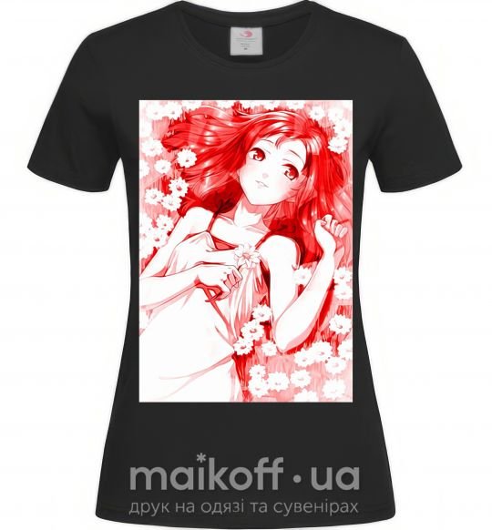 Женская футболка Девушка аниме арт красный Черный фото