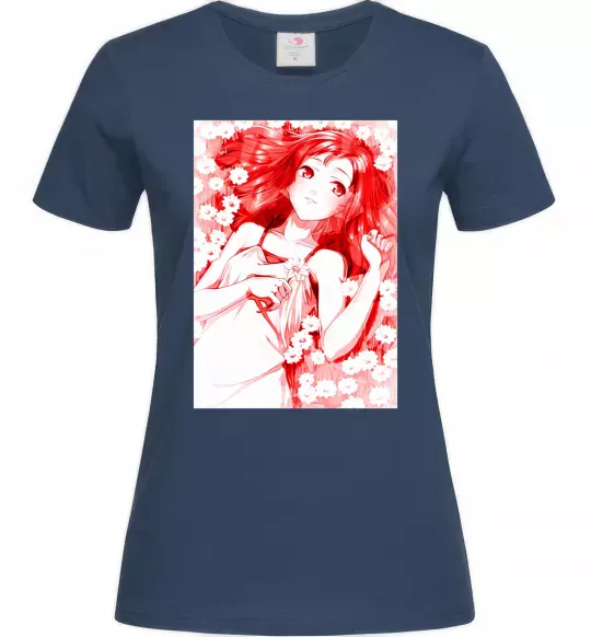 Женская футболка Дівчина аніме арт червоний Темно-синий фото