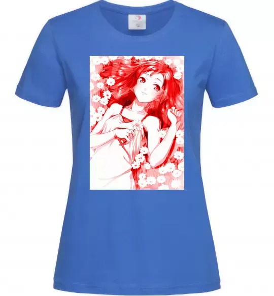 Женская футболка Дівчина аніме арт червоний Ярко-синий фото