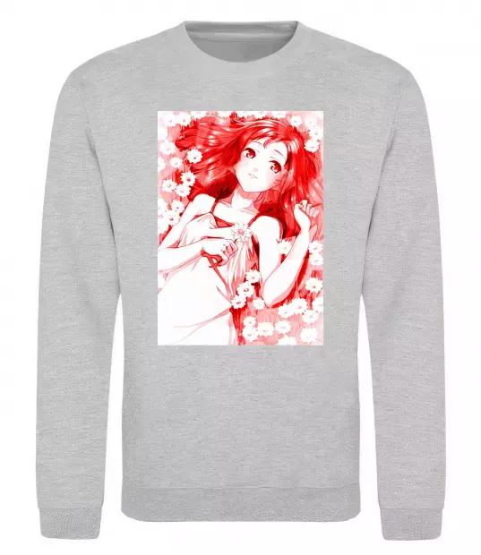 Світшот Дівчина аніме арт червоний Сірий меланж фото