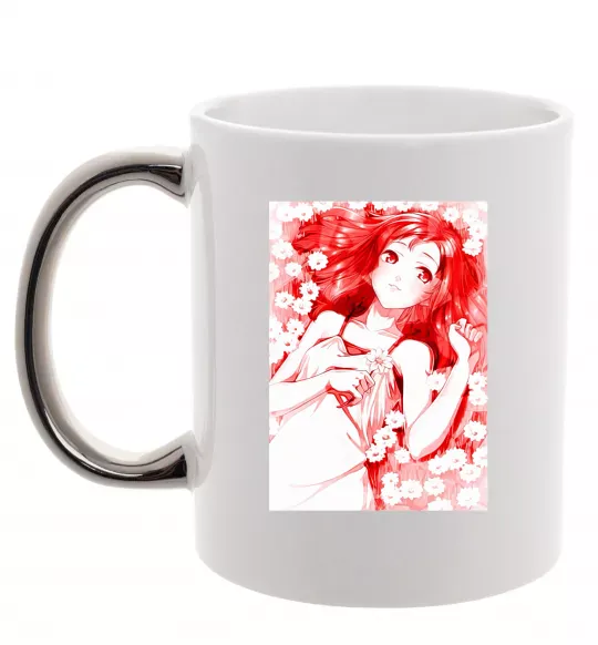 Чашка с цветной ручкой Дівчина аніме арт червоний Серебро фото