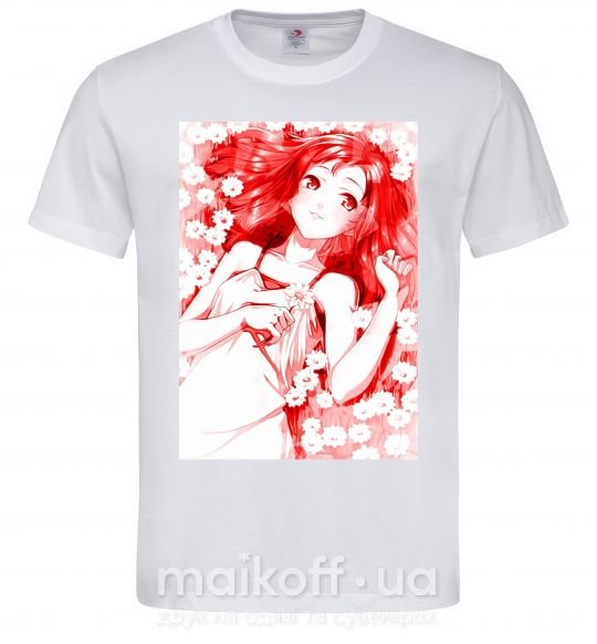 Мужская футболка Девушка аниме арт красный Белый фото