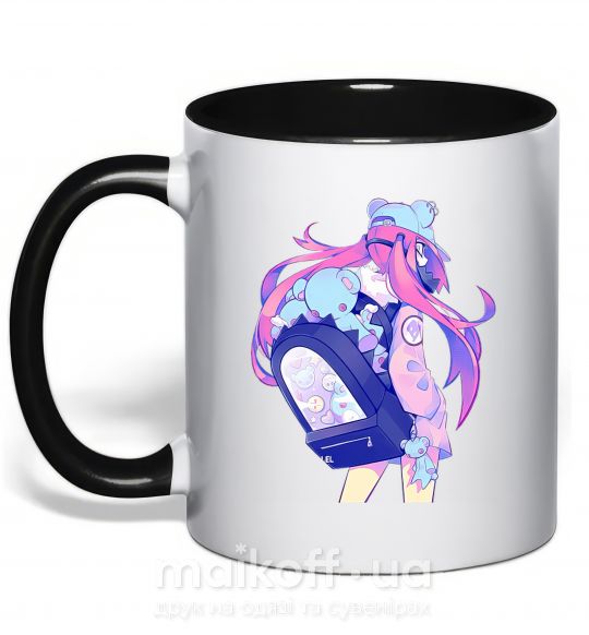 Чашка з кольоровою ручкою Девушка аниме спина Чорний фото