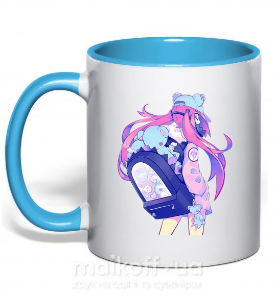 Чашка з кольоровою ручкою Девушка аниме спина Блакитний фото