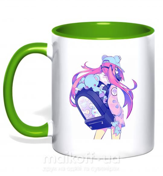 Чашка з кольоровою ручкою Девушка аниме спина Зелений фото