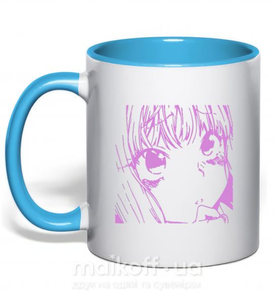 Чашка з кольоровою ручкою Девочка аниме розового цвета Блакитний фото
