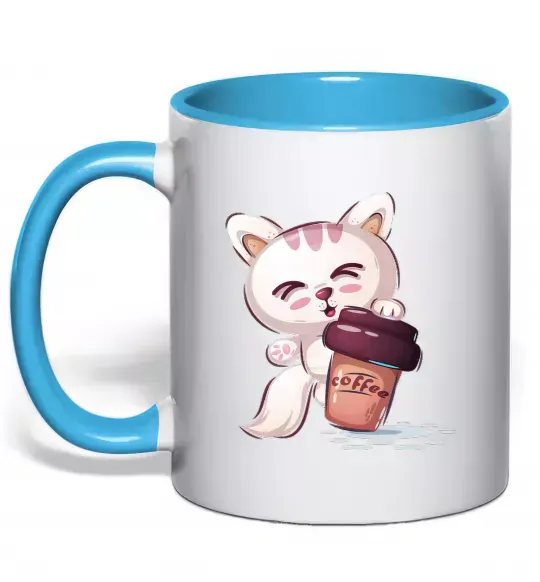 Чашка з кольоровою ручкою Coffee kitten Блакитний фото