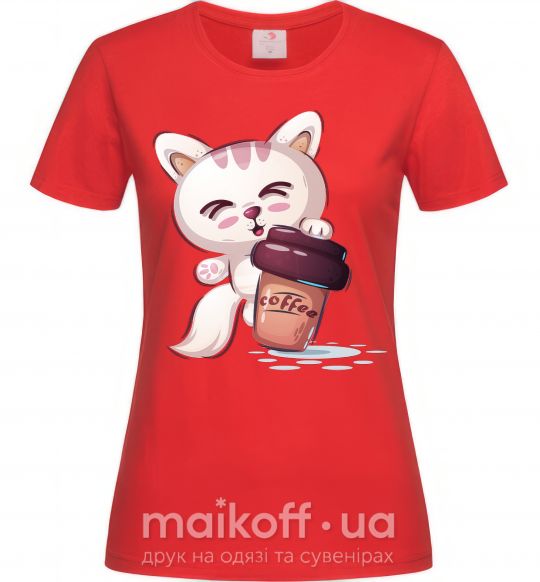 Женская футболка Coffee kitten Красный фото