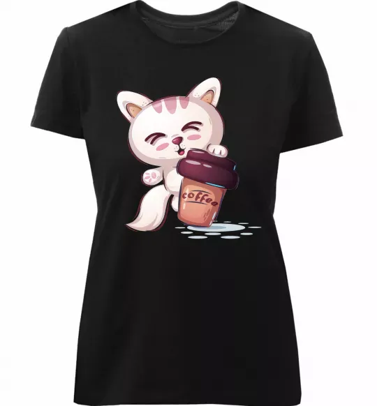Женская премиум футболка Coffee kitten Черный фото