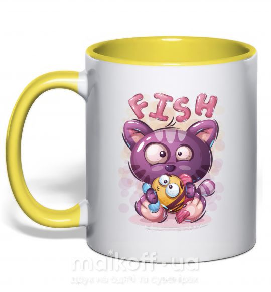 Чашка с цветной ручкой Fish and kitten Солнечно желтый фото