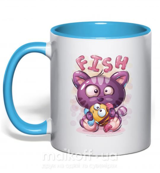 Чашка с цветной ручкой Fish and kitten Голубой фото