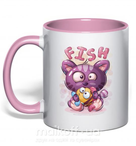 Чашка с цветной ручкой Fish and kitten Нежно розовый фото