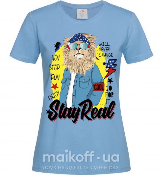 Жіноча футболка Lion Stay real Блакитний фото