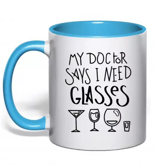 Чашка с цветной ручкой I need some glasses Голубой фото