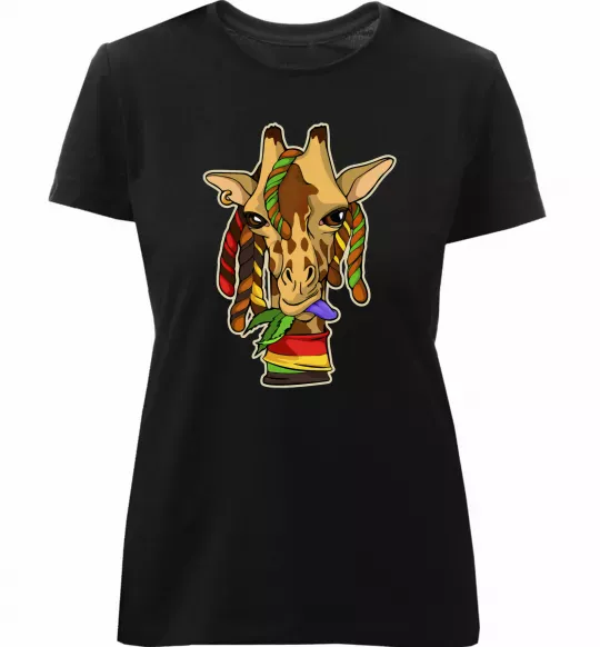 Жіноча преміум футболка Жирафа жує траву Чорний фото