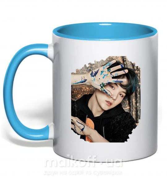 Чашка з кольоровою ручкою Suga BTS paint Блакитний фото