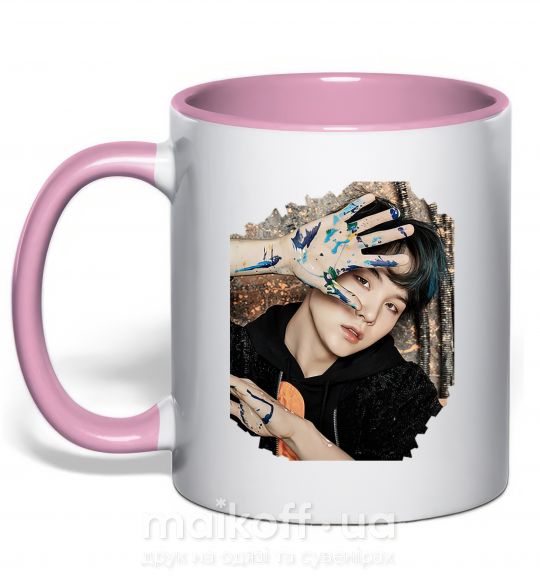 Чашка з кольоровою ручкою Suga BTS paint Ніжно рожевий фото