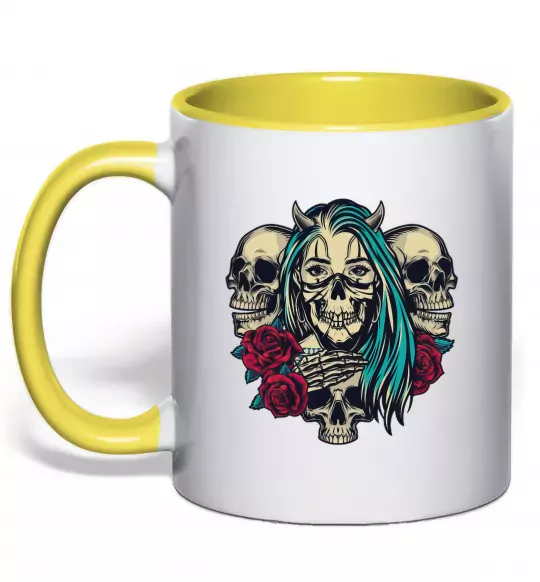 Чашка с цветной ручкой Girl and skulls Солнечно желтый фото