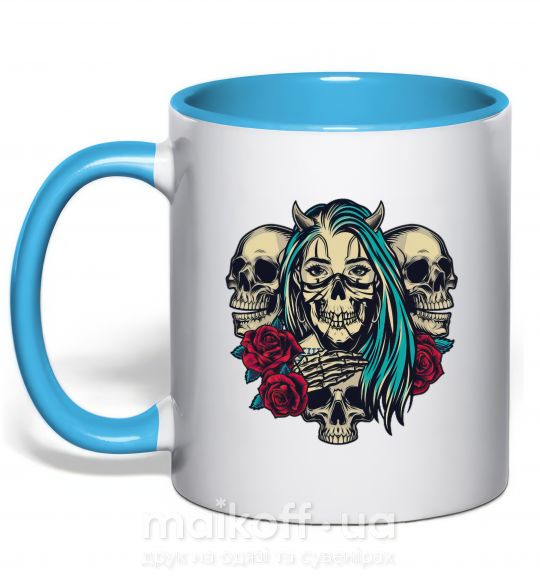 Чашка з кольоровою ручкою Girl and skulls Блакитний фото