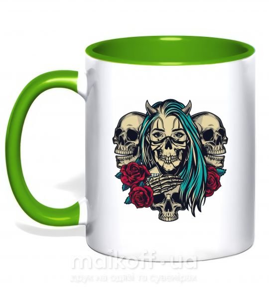 Чашка з кольоровою ручкою Girl and skulls Зелений фото