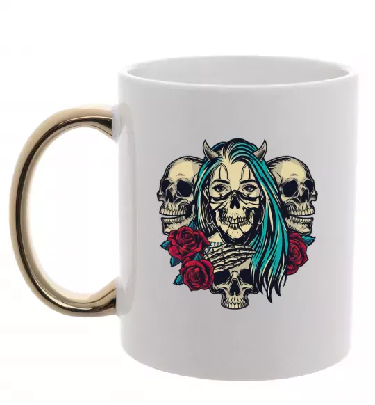 Чашка с цветной ручкой Girl and skulls Золото фото