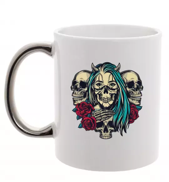 Чашка с цветной ручкой Girl and skulls Серебро фото