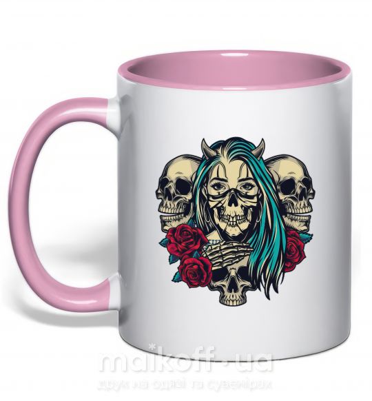 Чашка з кольоровою ручкою Girl and skulls Ніжно рожевий фото
