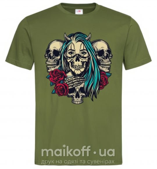 Мужская футболка Girl and skulls Оливковый фото