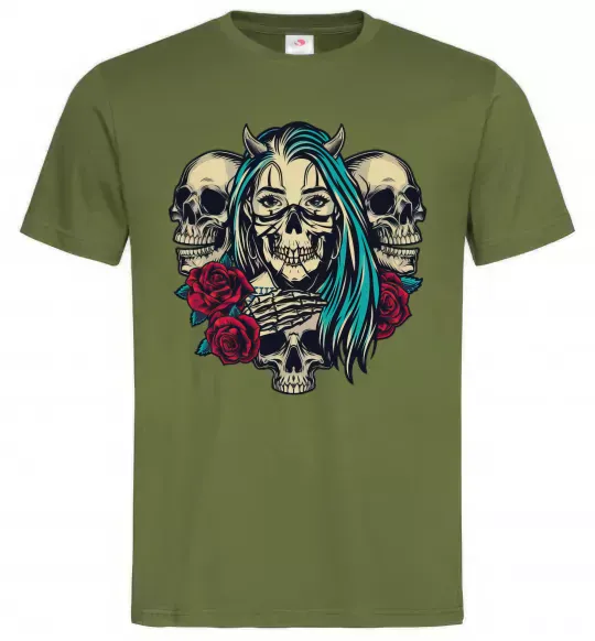 Чоловіча футболка Girl and skulls Оливковий фото