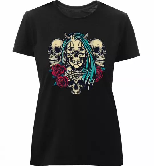 Женская премиум футболка Girl and skulls Черный фото