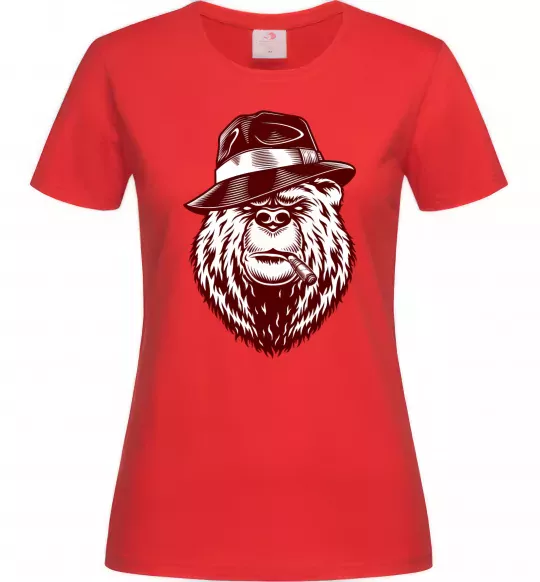 Женская футболка Bear with a cigar Красный фото