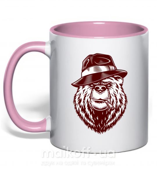 Чашка з кольоровою ручкою Bear with a cigar Ніжно рожевий фото