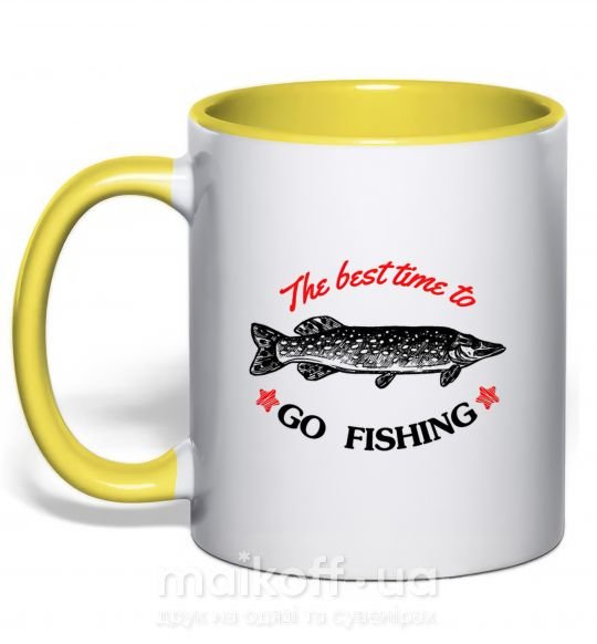 Чашка з кольоровою ручкою The best time to go fishing Сонячно жовтий фото