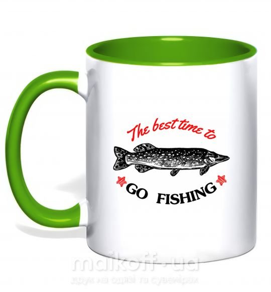 Чашка с цветной ручкой The best time to go fishing Зеленый фото